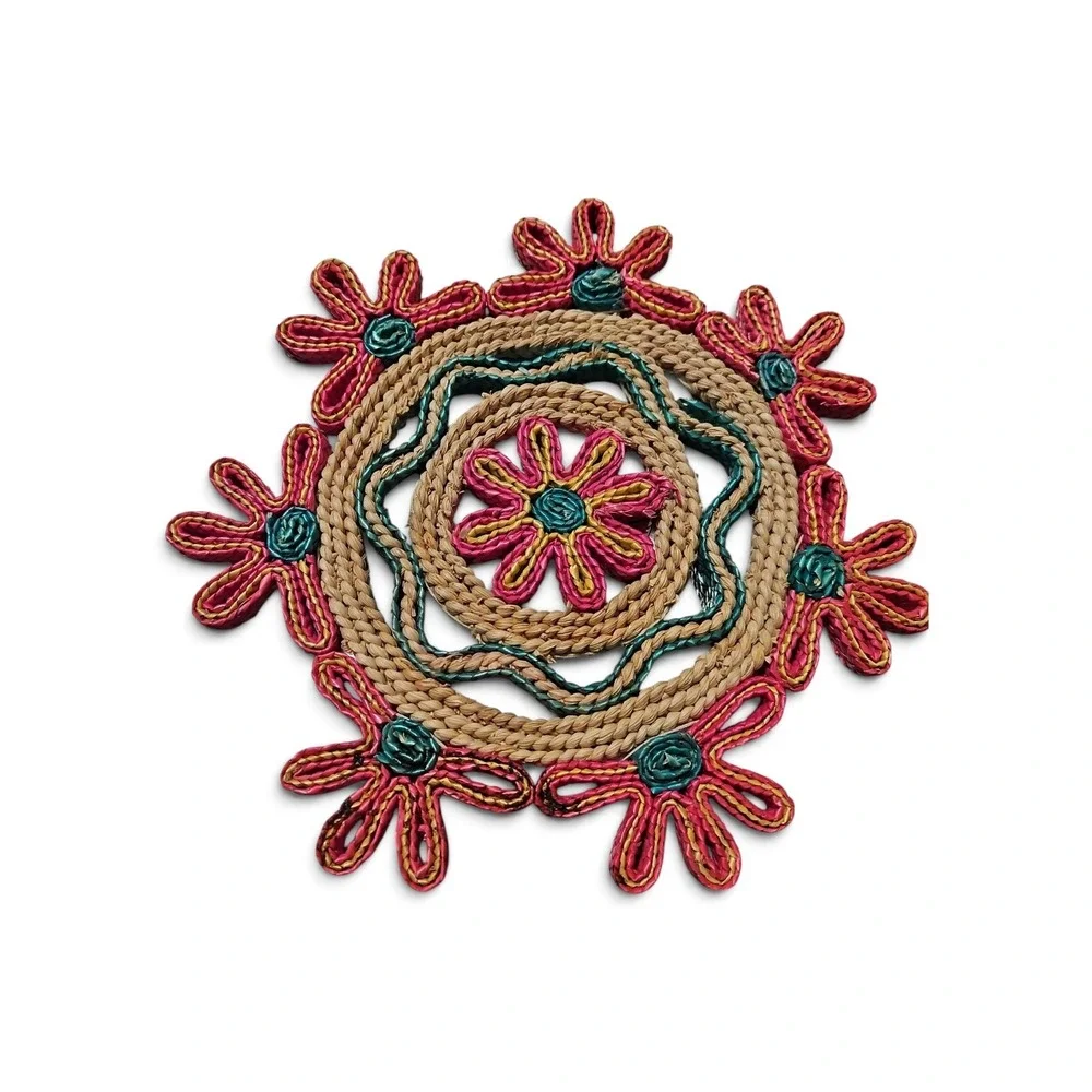 Vintage Woven Straw Trivets Set of 2 Boho Floral Jute Coasters Pink Green 0427